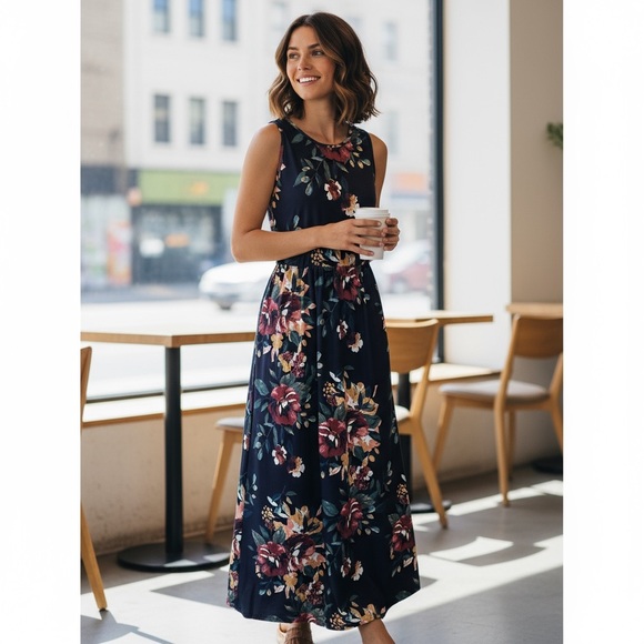 Zattcas Black Floral Short Sleeve Scoop Neck Maxi Dress Soft Comfort Dress - Picture 1 of 12